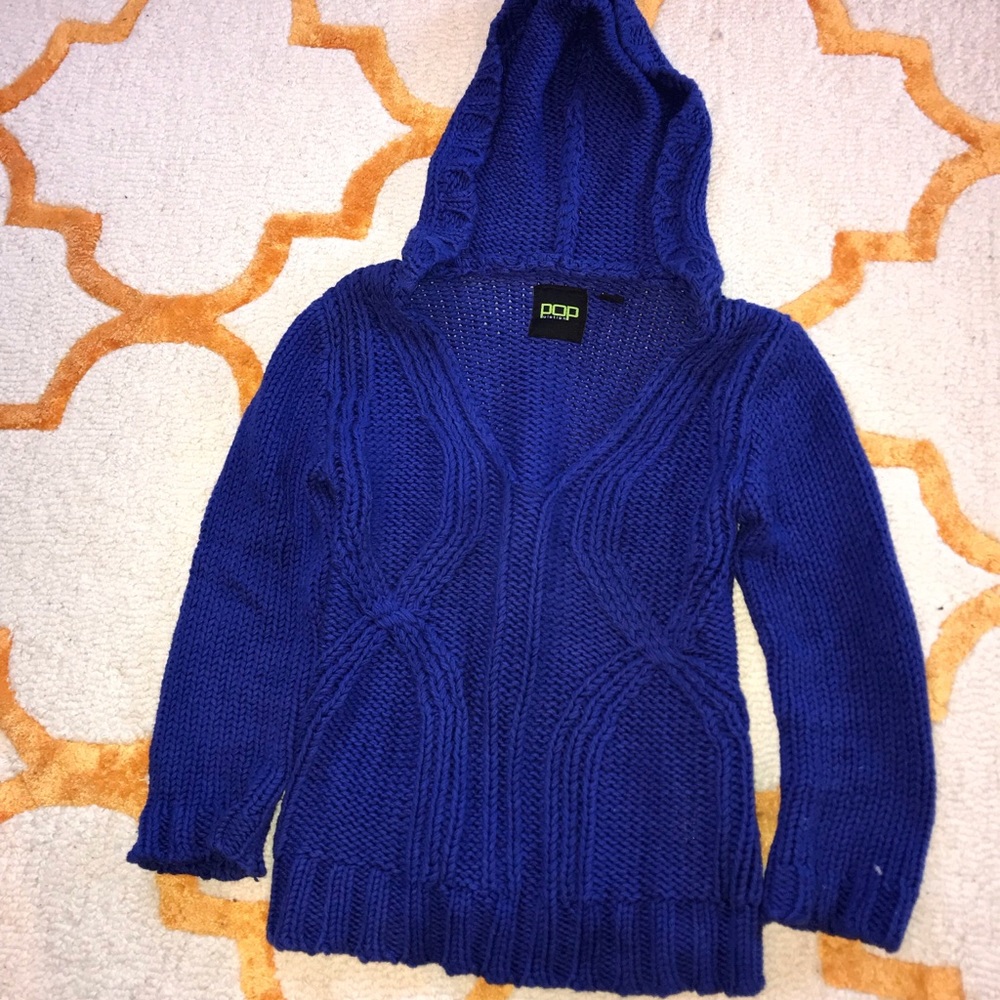 Chunky Cable Knit Cobalt Hooded Sweater